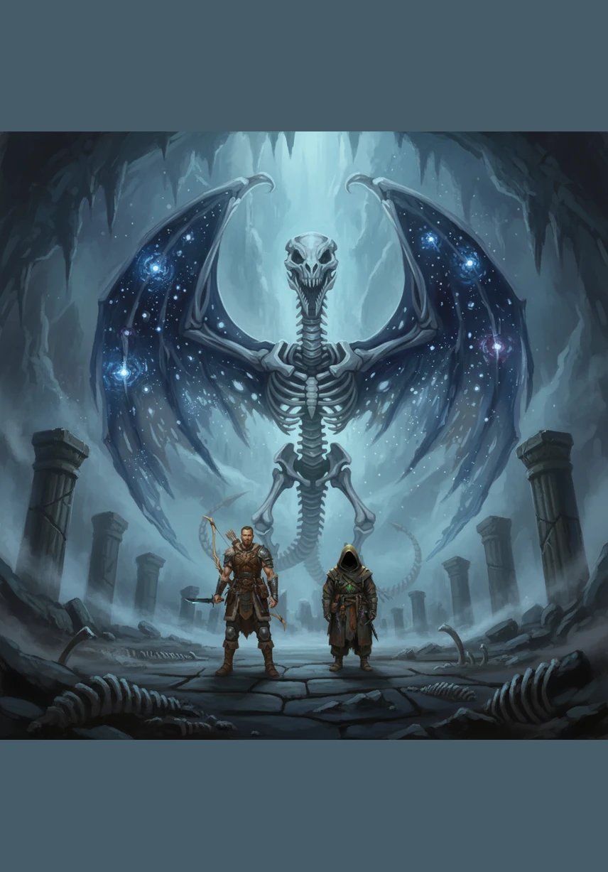 At the heart of the world, a colossal skeletal dragon-god stirs, its wings made of tattered shadows and frozen starlight. The air grows heavy and cold with the weight of ancient power as Kaelen prepares for the ultimate confrontation.
