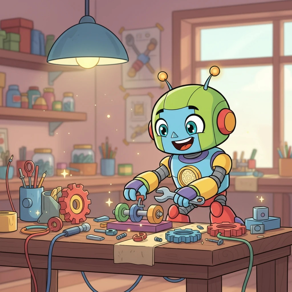 Sparky, a cheerful little robot with bright, curious eyes, tinkers happily in his cozy, colorful workshop. Gears and wires are scattered everywhere, sparkling under the gentle glow of his workshop lamp. He dreams of building something truly magnificent that will make everyone smile.