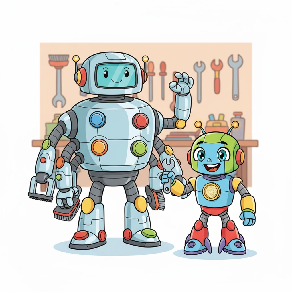 With a triumphant whir and a final bolt, Sparky finishes assembling his latest invention: a giant, multi-limbed cleaning robot. It gleams with polished chrome and vibrant, colorful buttons, ready to tackle any mess. Sparky beams with pride, his antennae wiggling with excitement, eager to test its amazing capabilities.