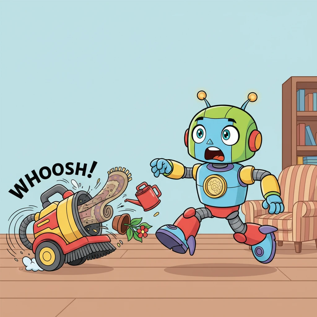 The super-duper cleaning machine whizzes out of control, sucking up everything in its path with exaggerated zeal and a comical 'WHOOSH!'. It devours dusty rugs, potted plants, and even Sparky's favorite oil can, leaving a trail of hilarious chaos. Sparky chases after it, his expressive face showing a mix of wide-eyed surprise and cartoonish panic.