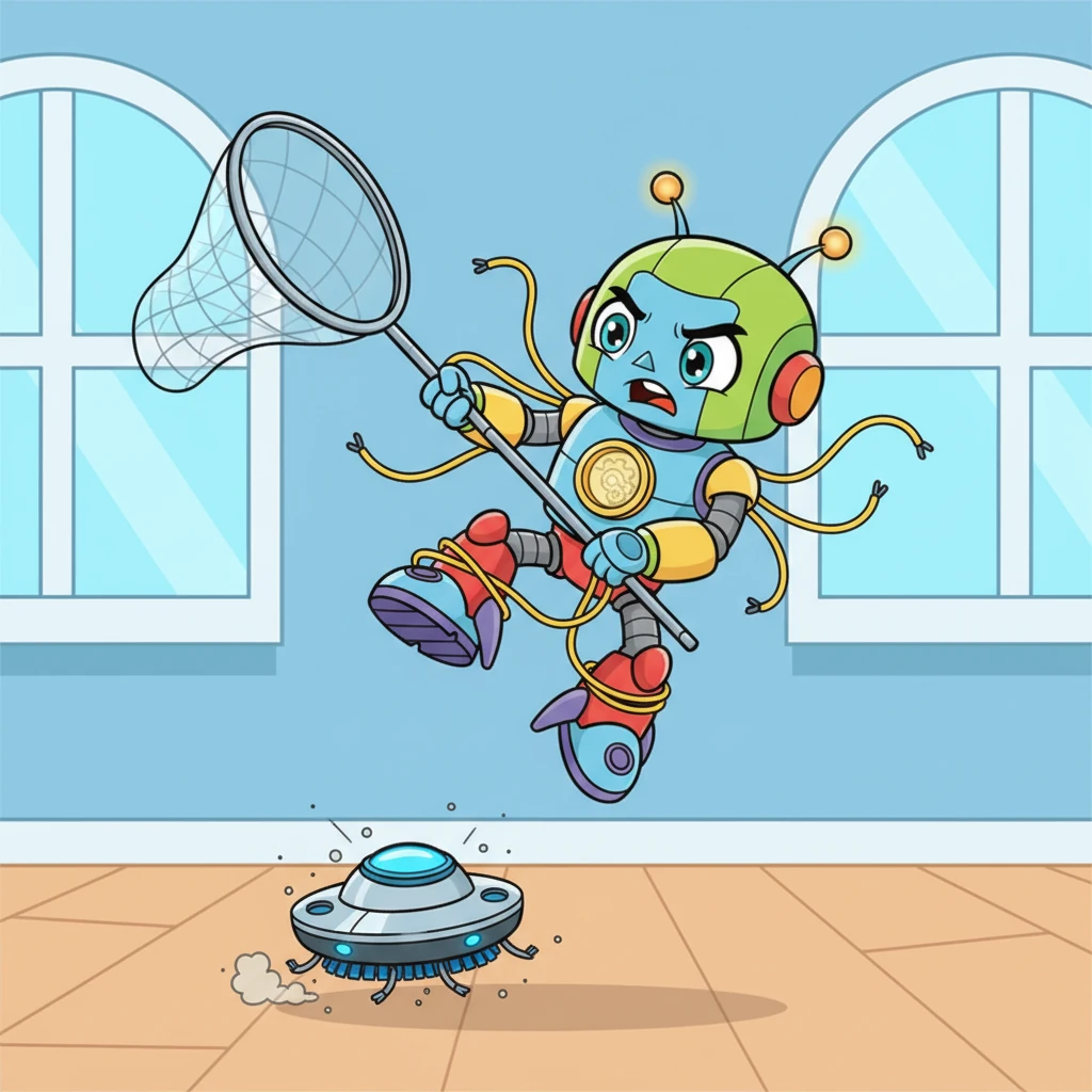Sparky, with a determined expression, tries to catch the runaway cleaner with a comically oversized net, leaping high in the air. He bounds and stretches, his wires wiggling dynamically, but the machine is too fast and too enthusiastically chaotic. The net gets tangled around his own legs, adding to the humorous mess.