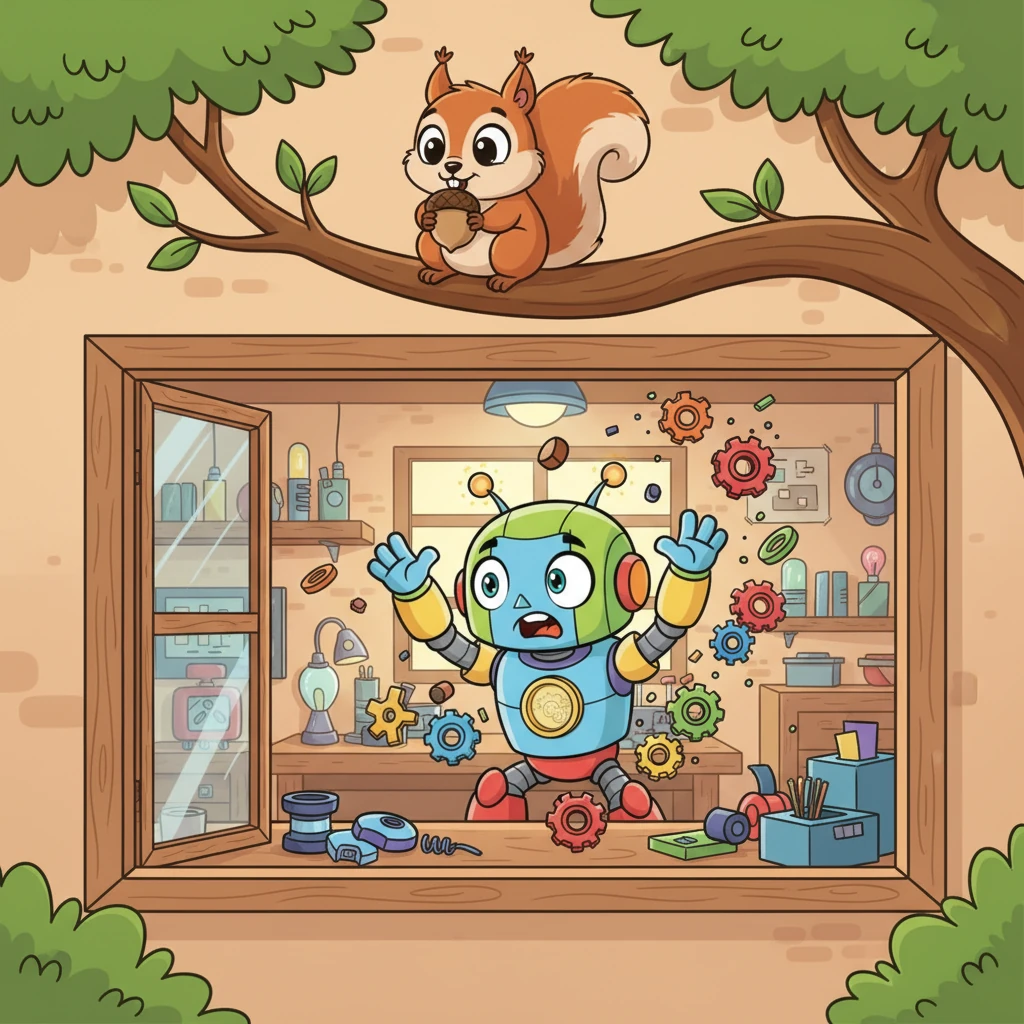 A tiny, fluffy squirrel, perched on a tree branch just outside the workshop window, watches Sparky's frantic antics with wide, curious eyes and a tiny, knowing smirk. It munches on a nut, thoroughly entertained by the robot's predicament. Its presence adds a touch of playful nature to the bustling, funny scene.