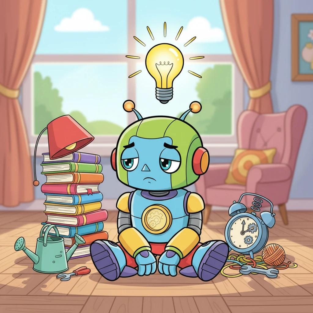 Sparky sits amidst the scattered, comically rearranged items, his energy levels visibly lower, looking a bit deflated but still determined. He realizes that tackling such a big, whirly problem sometimes requires a different approach, perhaps even asking for assistance. A bright, cartoon lightbulb idea suddenly flickers above his head.