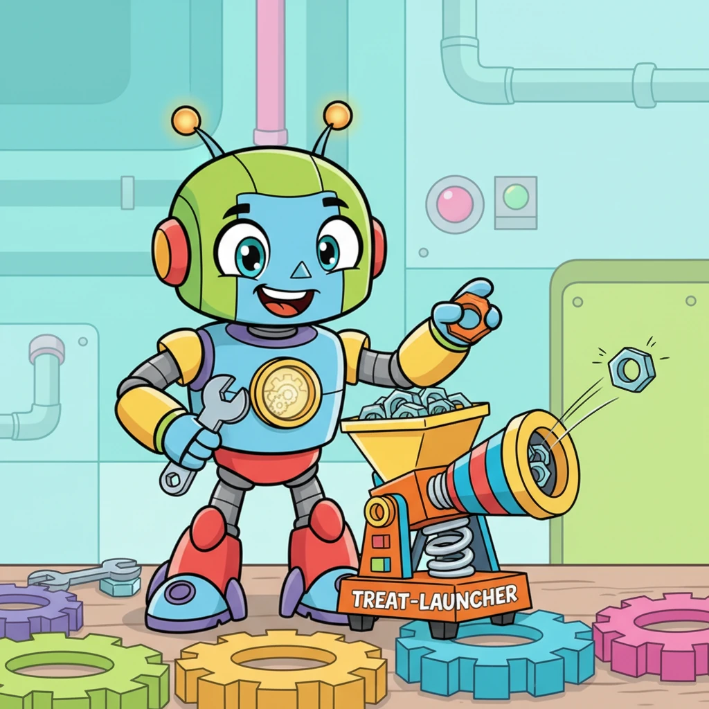 With renewed vigor and a mischievous grin, Sparky quickly assembles a new device: a 'Treat-Launcher' that shoots delicious, shiny nuts with a springy 'BOING!'. He hopes the rogue cleaner will be distracted by the tasty projectiles. The Treat-Launcher is bright and colorful, with a fun, exaggerated spring mechanism.