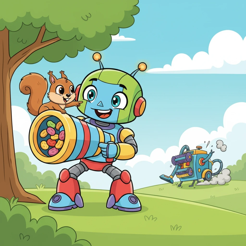 The friendly squirrel, sensing an opportunity for tasty snacks and a bit of teamwork, hops down from the tree branch and nudges Sparky's arm with its tiny nose, pointing towards the frantic cleaning machine. Together, they aim the Treat-Launcher, a surprising and heartwarming moment of collaboration between robot and nature. The squirrel's tiny paws are comically placed on the launcher, helping Sparky.