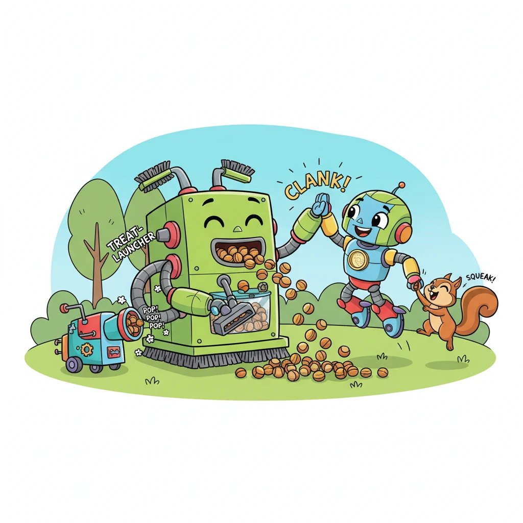 The Treat-Launcher fires a volley of shiny nuts with a satisfying 'POP! POP! POP!', which the cleaning machine enthusiastically scoops up, momentarily forgetting its cleaning spree. It slows down, munching happily on the nuts, finally peaceful and calm. Sparky and the squirrel high-five with an exaggerated 'CLANK!' and a tiny 'SQUEAK!', celebrating their clever teamwork.