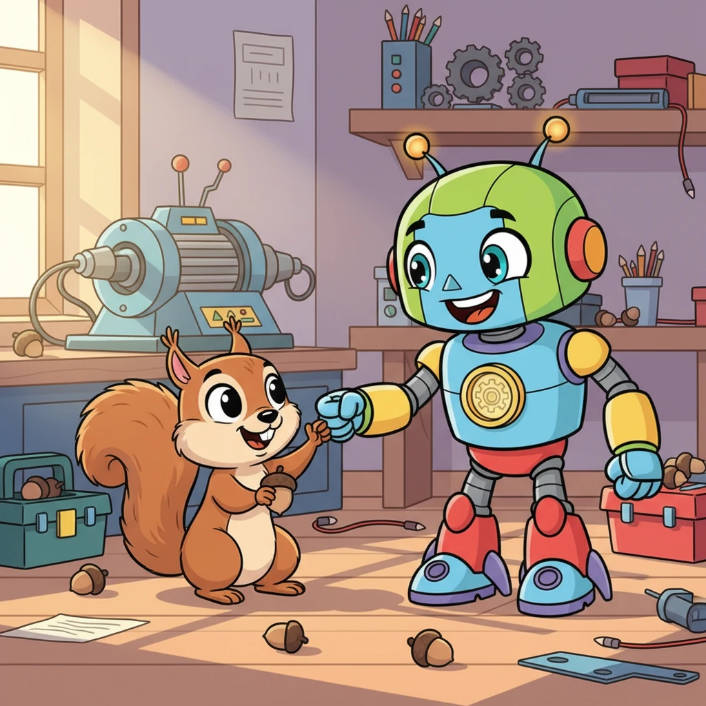 Sparky and the squirrel share a friendly fist-bump, their faces beaming with joy, surrounded by a workshop that's now mostly tidy, but with a few playful nuts still scattered around. Sparky learns that even the best inventions can use a little help, and that friends, big or small, are the best tool of all. He smiles broadly, ready for his next, shared adventure.