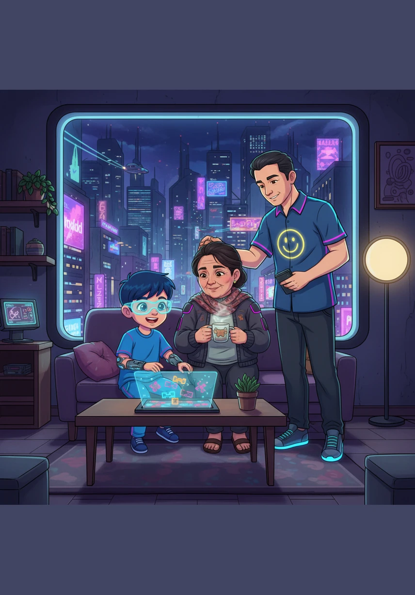 Sa-ya ting-gal ber-sa-ma e-mak dan a-yah yang pe-nya-yang. Sa-ya ju-ga a-da se-o-rang a-dik pe-rem-pu-an yang sa-ngat co-mel. Ka-mi se-lu-ar-ga hi-dup ba-ha-gi-a.