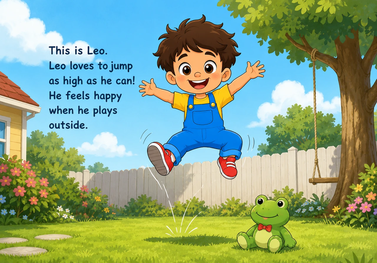 Leo stands in the middle of a sunlit backyard, wearing bright blue overalls. With a wide grin, he leaps high into the air with his arms stretched wide