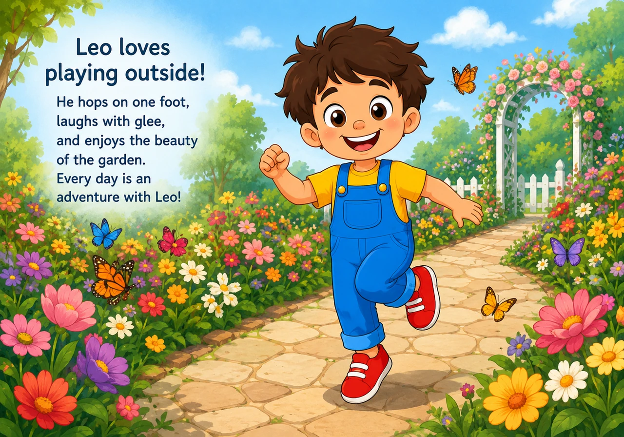 On a winding garden path, Leo shifts from a high bounce to a playful hop on one foot. Butterflies flutter around the colorful flowers blooming along t
