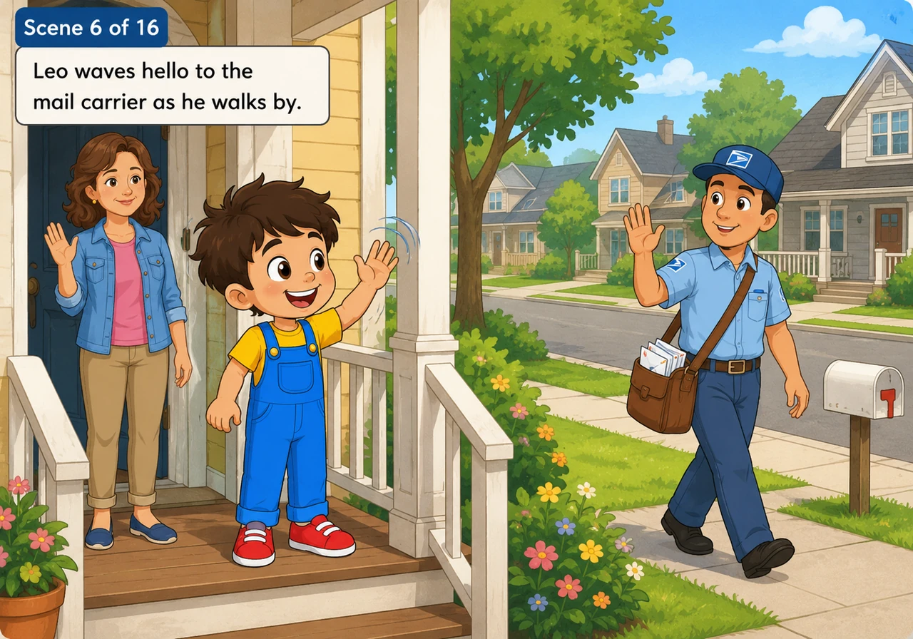 Leo stands on the front porch, waving a happy hello to a friendly mail carrier walking by. His face lit up with excitement, he uses his free hand to w