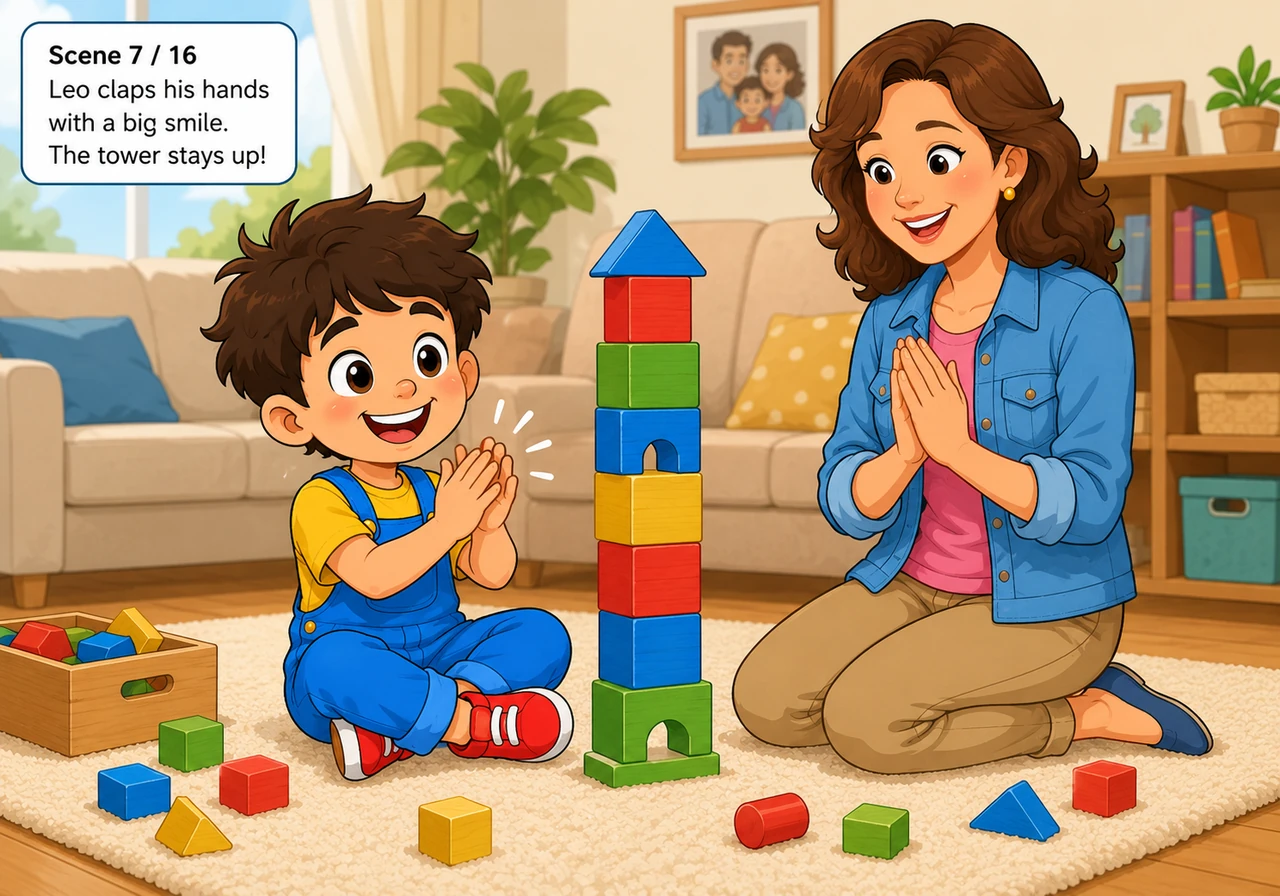 Sitting on a soft living room rug, Leo claps his hands together with a look of pure triumph. A colorful tower of wooden blocks stands tall right in fr