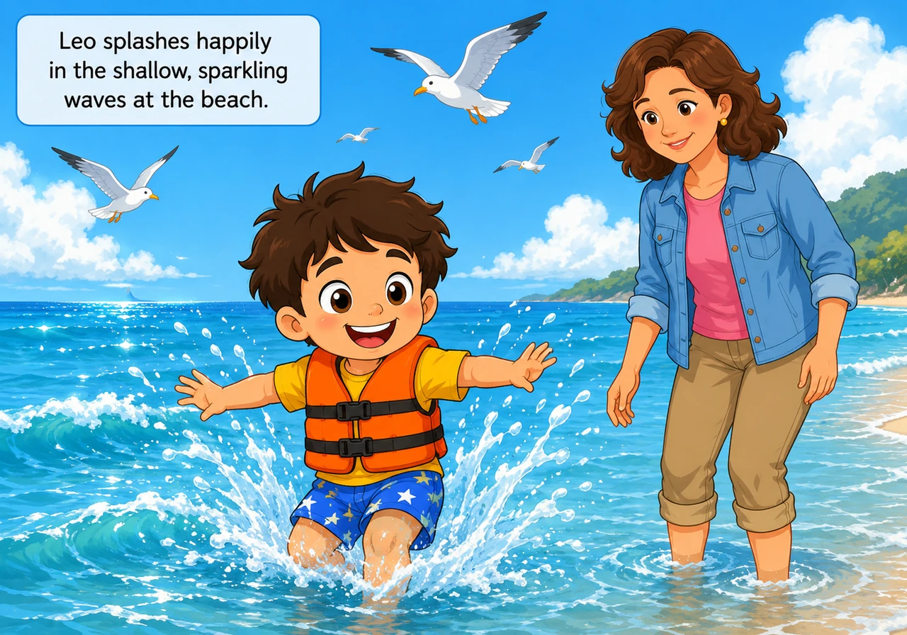 Leo splashes happily in the shallow, sparkling waves at the beach, wearing a bright orange life vest. Seagulls soar through the air above the vast, sh