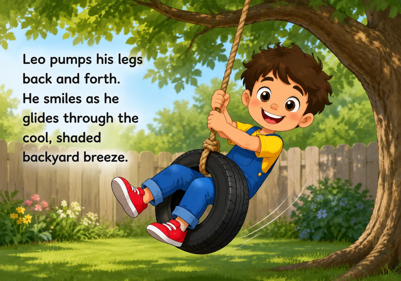 Sitting comfortably on a sturdy tire swing hanging from a large oak tree, Leo pumps his legs back and forth. He smiles as he glides through the cool,
