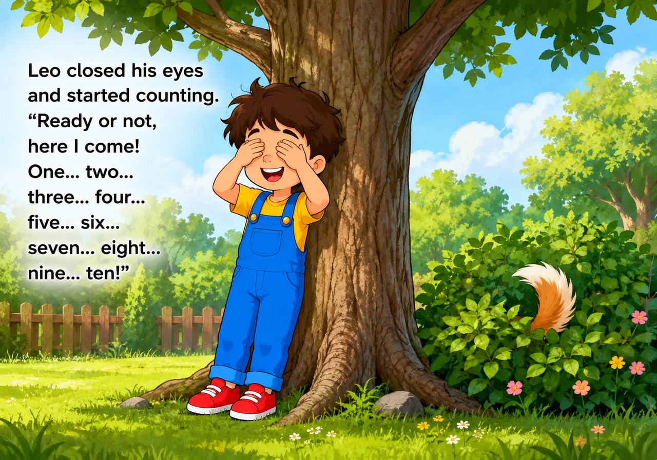 Leo covers his eyes with both hands while leaning against a large tree trunk, counting aloud with a big smile. Behind a nearby bush, the fluffy tail o