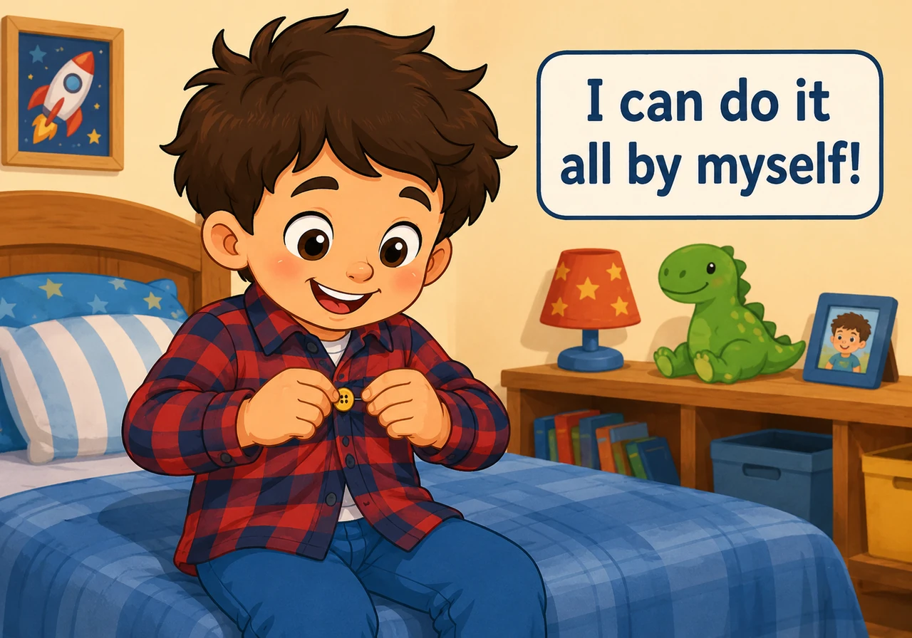 Sitting on the edge of his bed, Leo carefully concentrates as he pushes a large yellow button through the slot of his favorite plaid shirt. He concent
