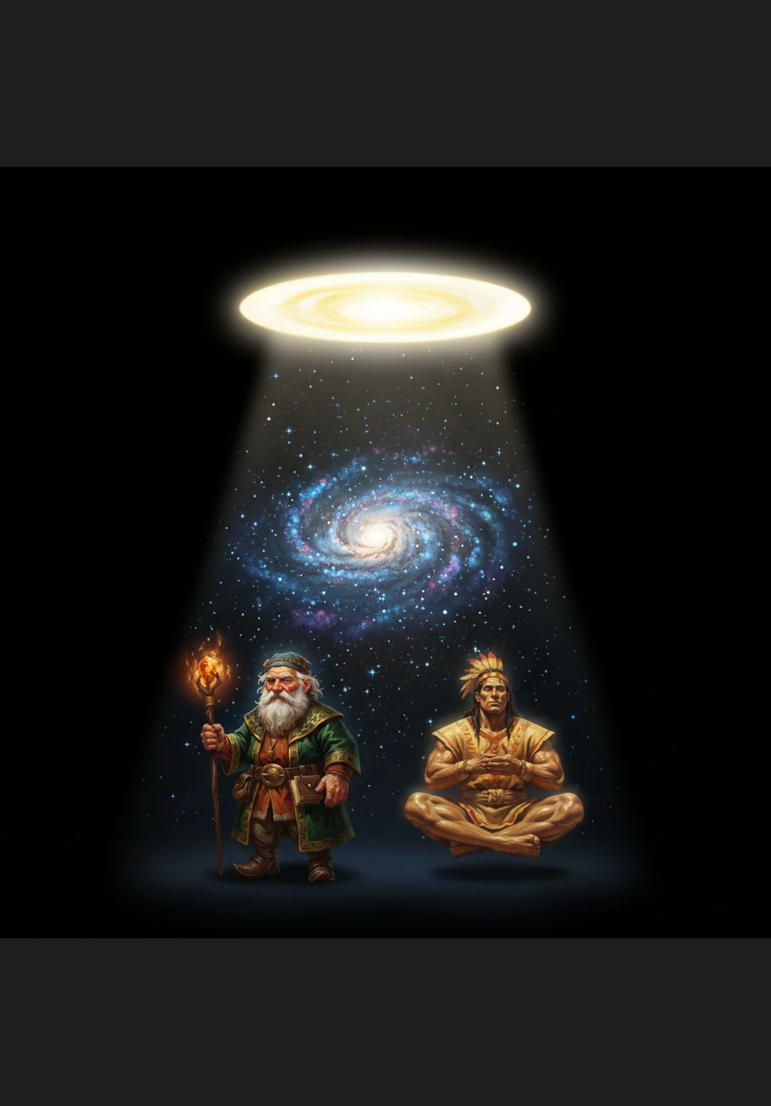 In the vast, silent darkness of the beginning, a shimmering disc of yellow and white appears suspended in the void. Within this glowing circle sits the Creator, a bearded man who rubs his eyes as if waking from a long, peaceful sleep.