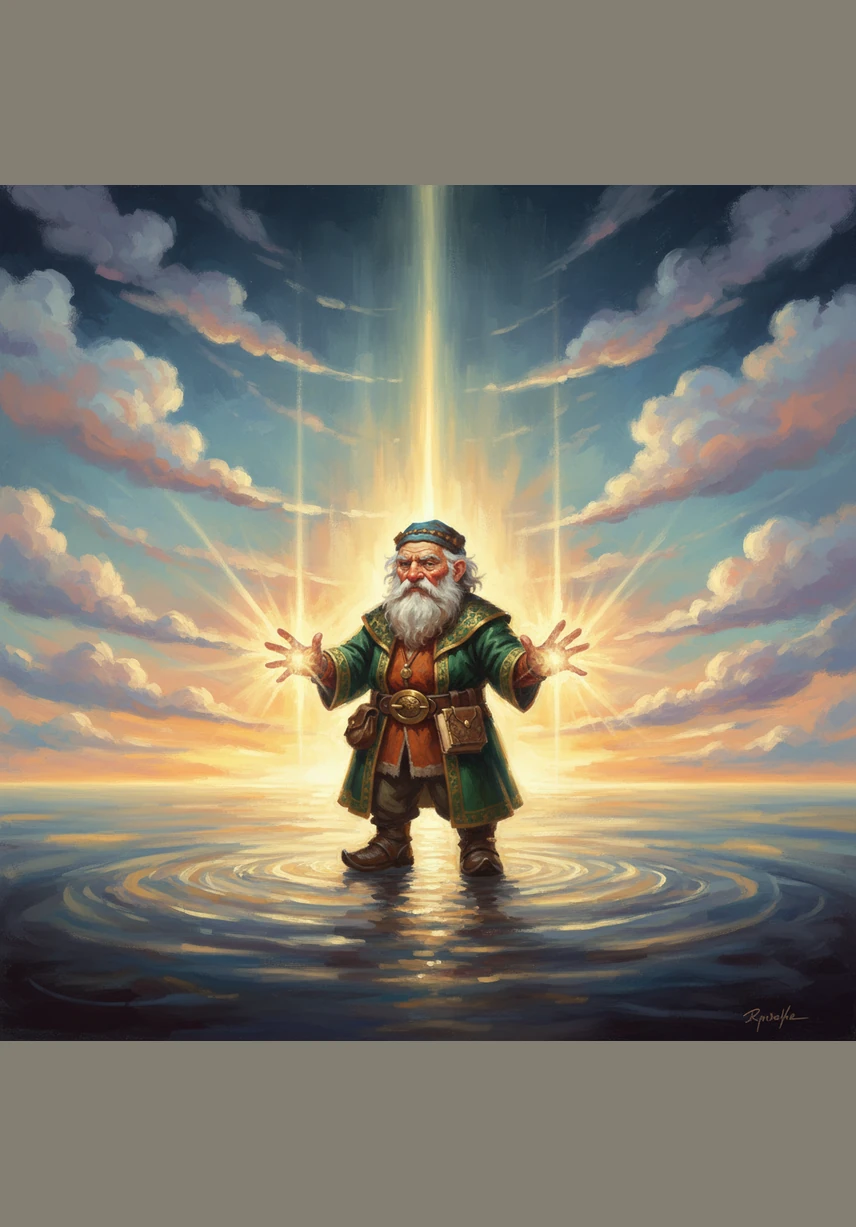 With a single gaze, the Creator transforms the void, sending rays of light upward and creating a shimmering sea of brilliance below. To the east, streaks of golden dawn break through, while soft clouds of every color begin to drift through the new expanse.