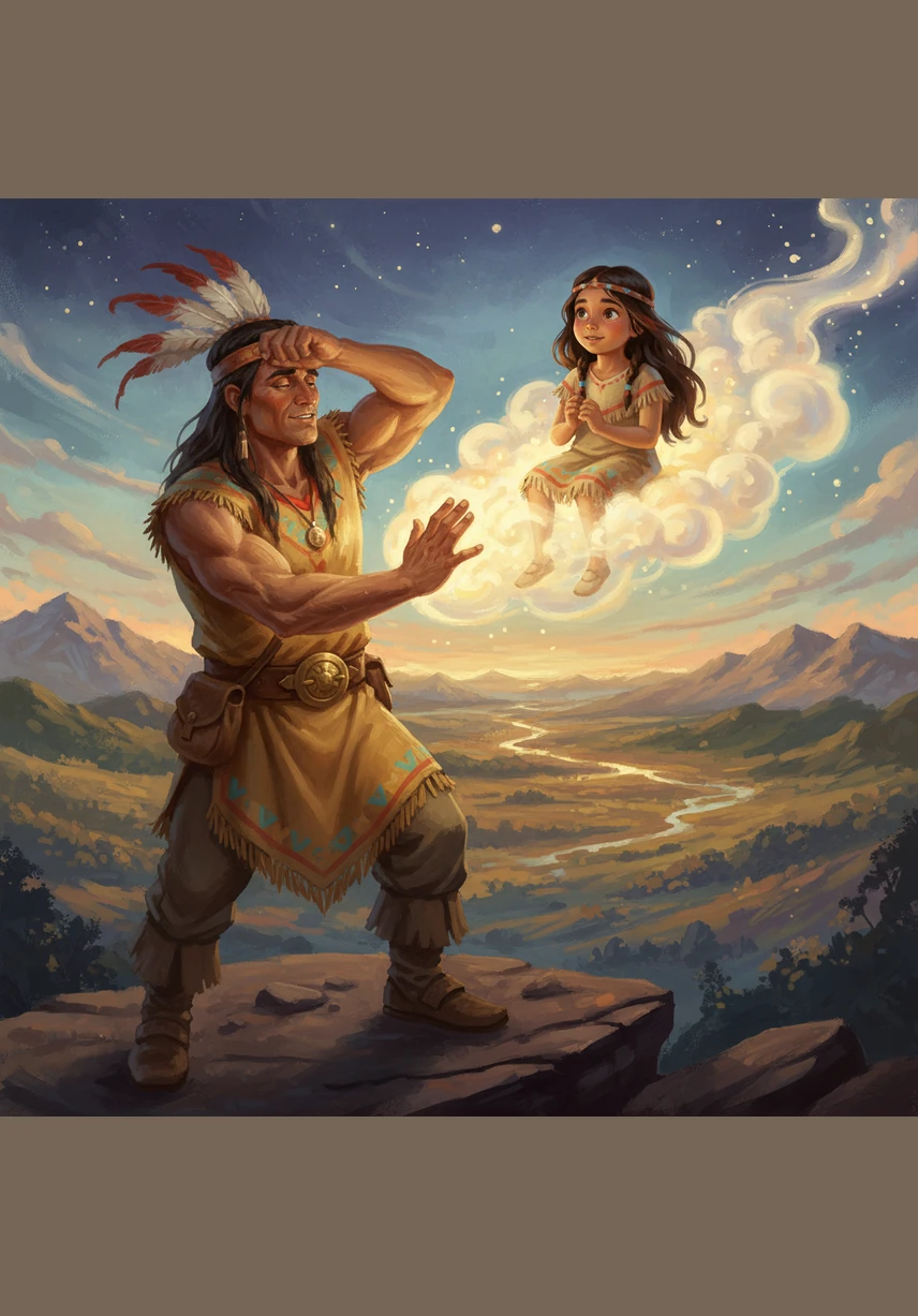 The Creator wipes his brow and rubs his hands together, sending a shining cloud drifting into the air. Upon this cloud sits a young girl, known as Girl-Without-Parents, who gazes at the Creator with wonder as she begins her journey.