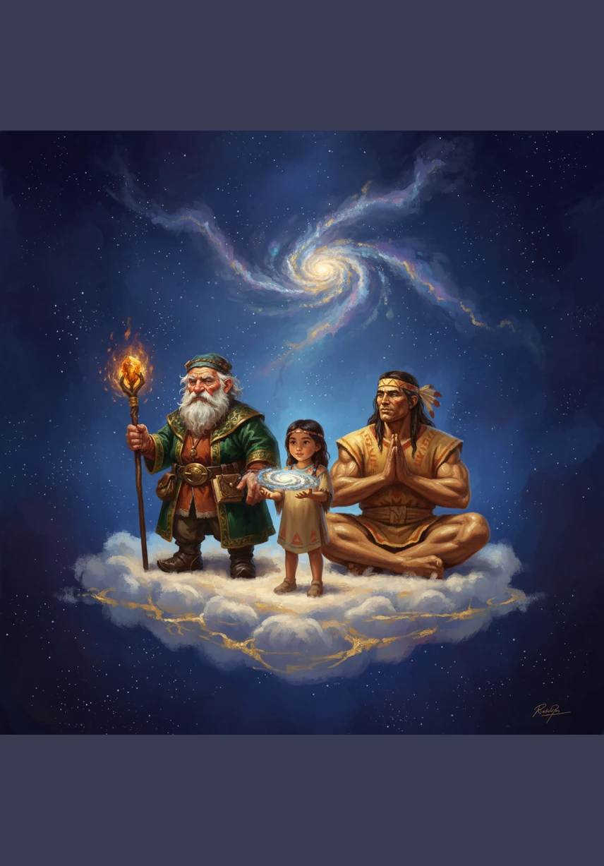 Sun-Spirit and Small-Boy emerge from the Creator's hands, joining him and the girl on their small, floating cloud. Together, the four spirits sit in deep thought, wondering how they will build a world large enough for everyone to live upon.