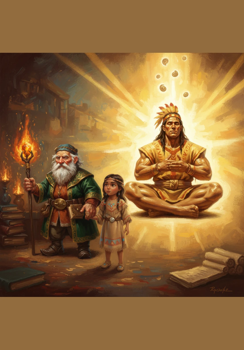 The spirits mix their sweat together to form a tiny brown ball, no larger than a small bean, which the Creator drops into the air. One by one, they take turns kicking the ball, watching in amazement as it expands further with every strike.