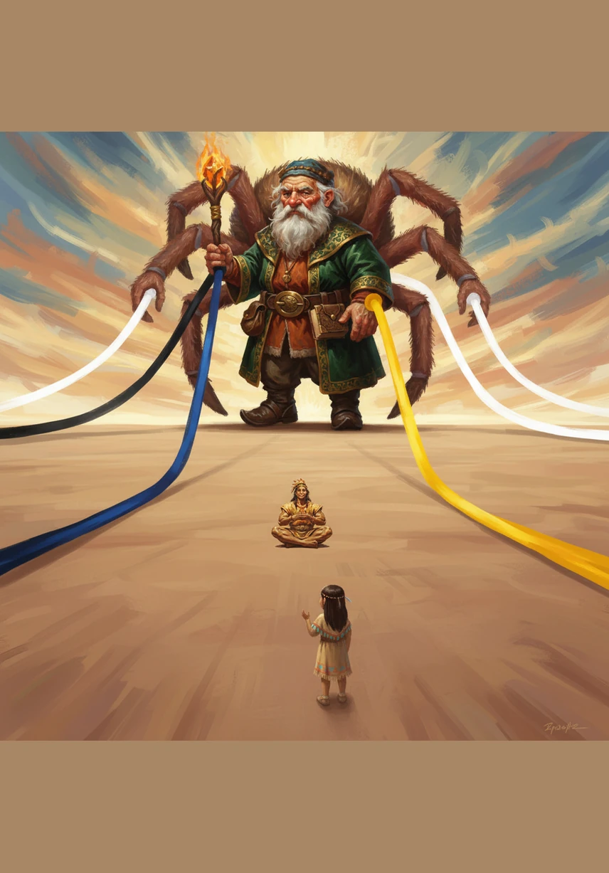 Tarantula spins four long cords of black, blue, yellow, and white, stretching them to the far corners of the horizon. With mighty pulls, the earth is stretched into a vast, smooth plain that reaches as far as the eye can see.