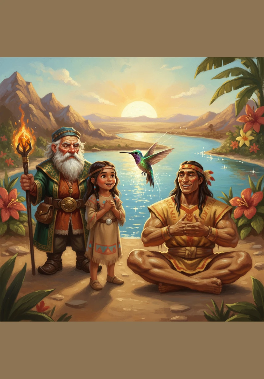 A tiny Hummingbird is sent to explore the new world, darting to the north, south, east, and west. He returns with joyful news, reporting that the earth is beautiful and that sparkling water now rests on the western side.