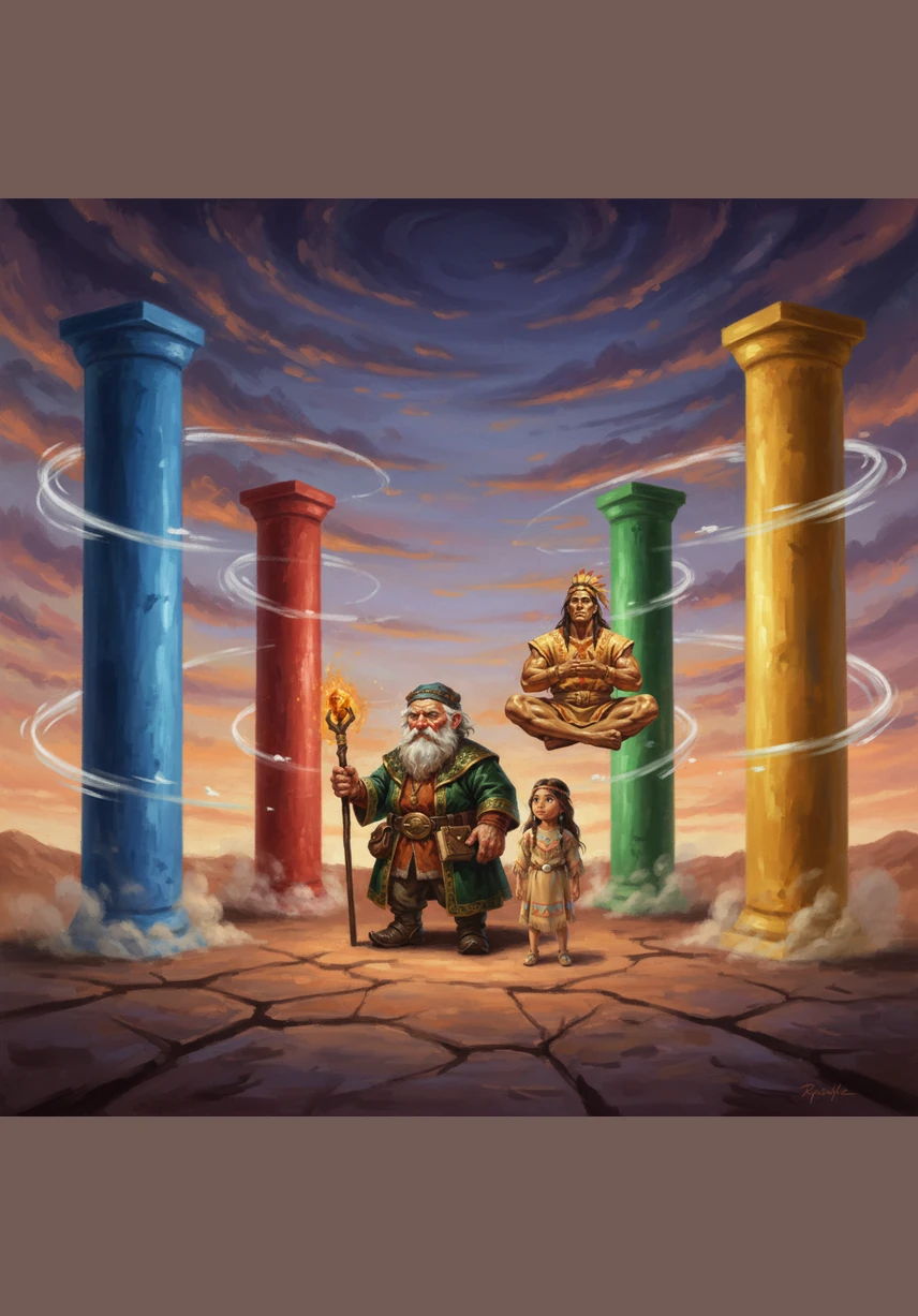 Because the earth continues to roll and dance unsteadily, the Creator fashions four giant, colorful posts to hold it in place. The Wind carries these pillars to the cardinal points, finally making the world sit still and firm beneath the spirits' feet.