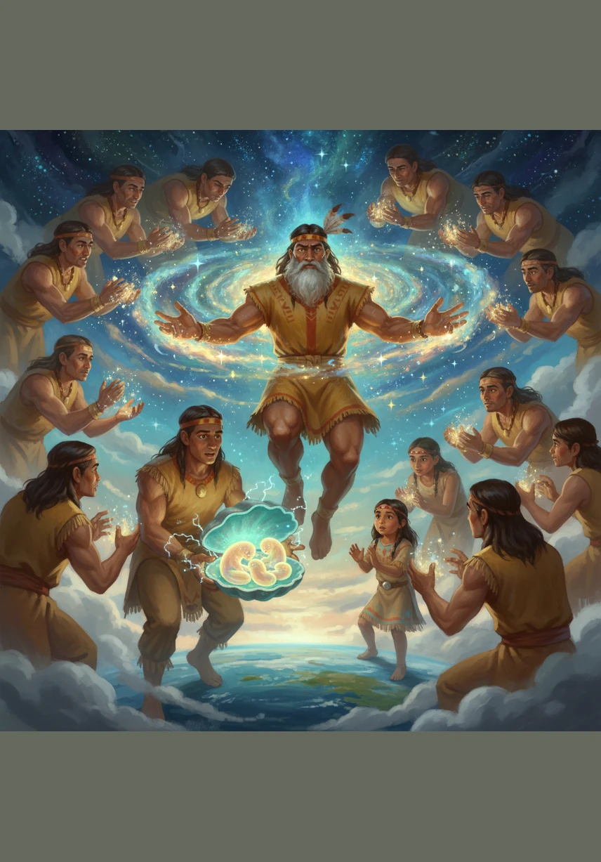 High above the new earth, the Creator and twenty-eight helpers work together to fashion a magnificent sky. During this time, Lightning-Maker discovers three mysterious creatures hidden within a turquoise shell, waiting to be given their true forms.