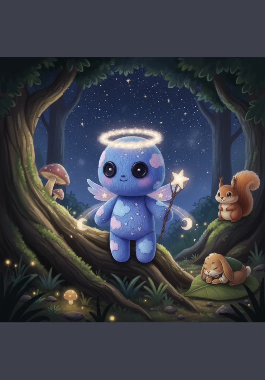 Nova sits alone on a gnarled tree root, her light dimming slightly as she gazes up at the distant, twinkling constellations. The forest is vibrant and full of life, but she feels a deep tug in her heart for her home among the clouds.