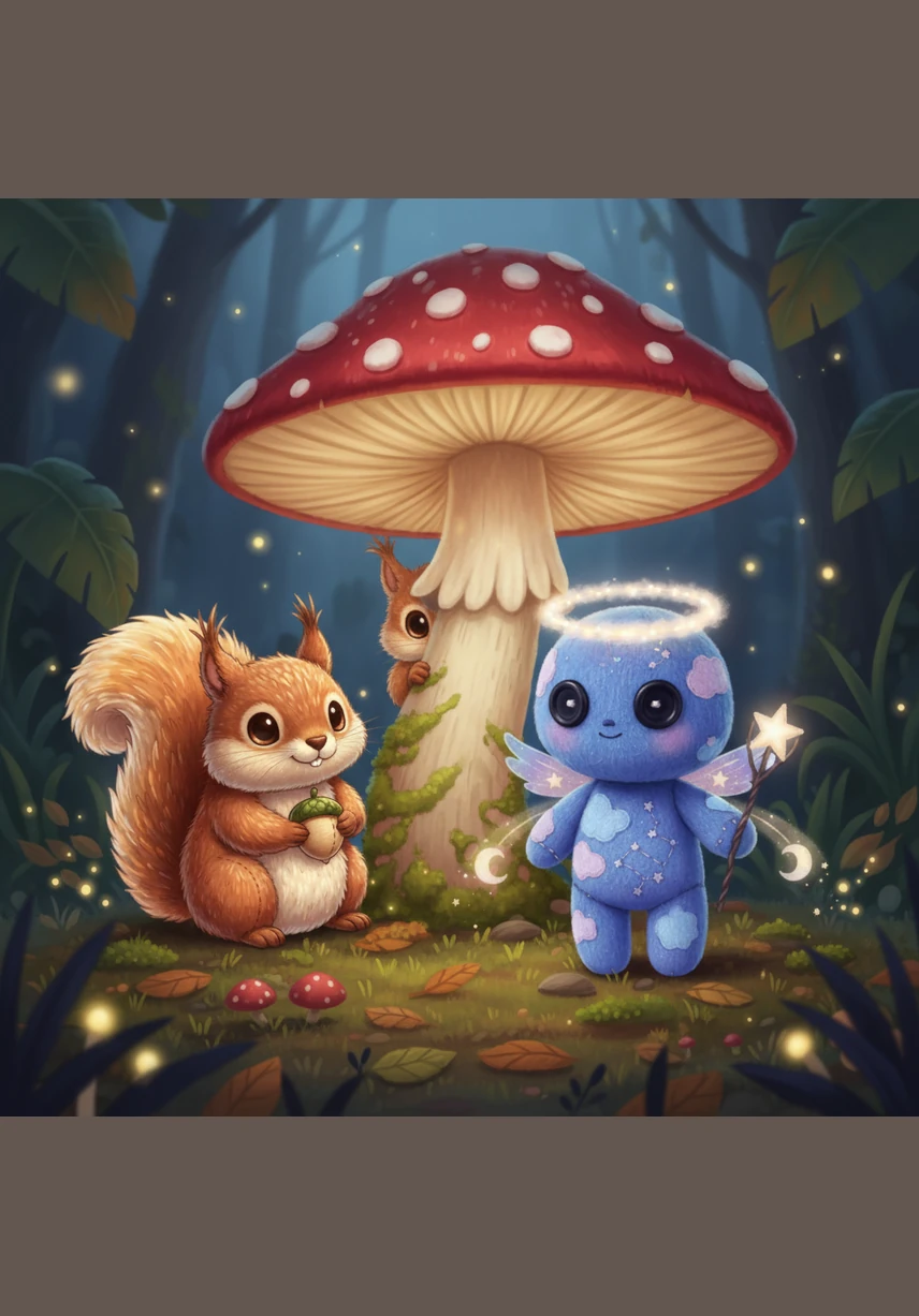 A curious squirrel with a bushy tail and bright eyes peeks out from behind a giant mushroom. He watches the glowing visitor with wonder, his nose twitching as he approaches the soft light radiating from Nova.