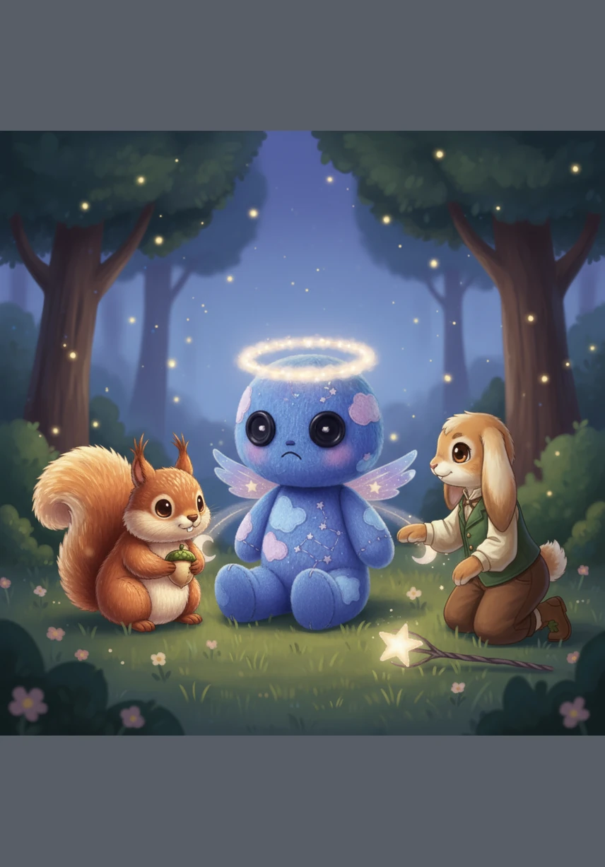 A gentle rabbit with long, velvet ears hops into the clearing and joins the squirrel. Nova looks at them with sad eyes and whispers that she wants to go back to the sky but doesn't know how to fly anymore.