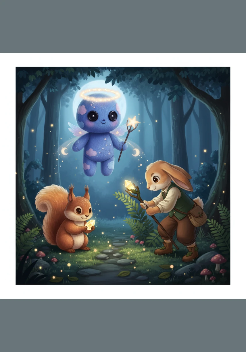 The three new friends begin their great task, scurrying across the forest floor to gather heavy river stones and fallen oak branches. The moonlight filters through the leaves, illuminating their determined faces as they work side by side.