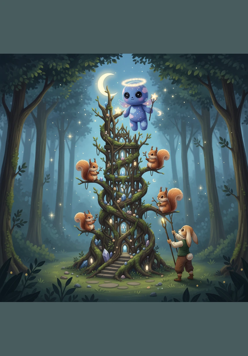 Slowly, a tall and magnificent tower begins to rise from the center of the clearing. They carefully balance each branch and stone, building a staircase that reaches toward the highest canopy of the trees.