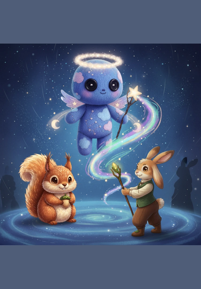 With a brilliant flash of light, Nova soars back into the velvet sky, reclaiming her place among the stars. Below, the squirrel and the rabbit wave goodbye, watching as their friend shines brighter than ever before.