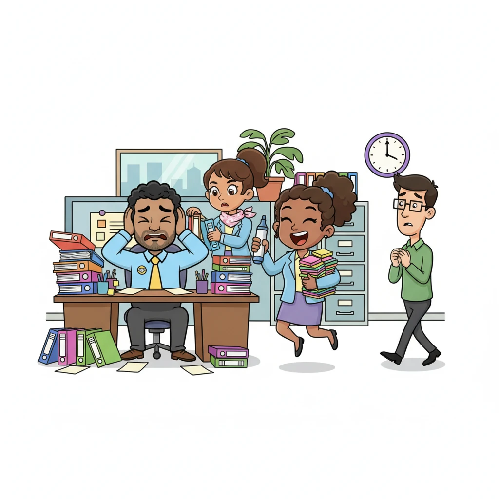 The office was a whirlwind of activity, but not always happy activity. Keith clutched his ears, trying to focus amidst the chatter, while Haley bounced with ideas, eager to share them loudly. Madison meticulously organized her files, frustrated by interruptions, and Jayden paced, waiting for approvals that seemed to take forever.