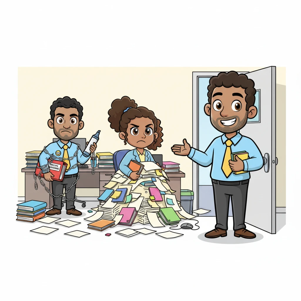 Suddenly, a cheerful new face appeared at the door: Leo! With a warm smile and a twinkle in his eye, Leo observed the tangled mess of tasks and grumpy faces. He knew this team had great potential, if only they could learn to work together without all the fuss.