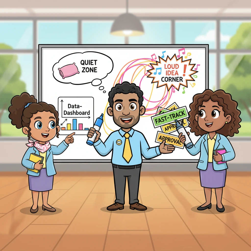 With everyone's true needs, or 'interests,' now understood, Leo encouraged them to brainstorm wild and wonderful solutions. No idea was too silly! They drew bubble thoughts and squiggly lines, imagining a quiet zone, a loud idea corner, a shared 'data-dashboard,' and even 'fast-track' approval stickers.