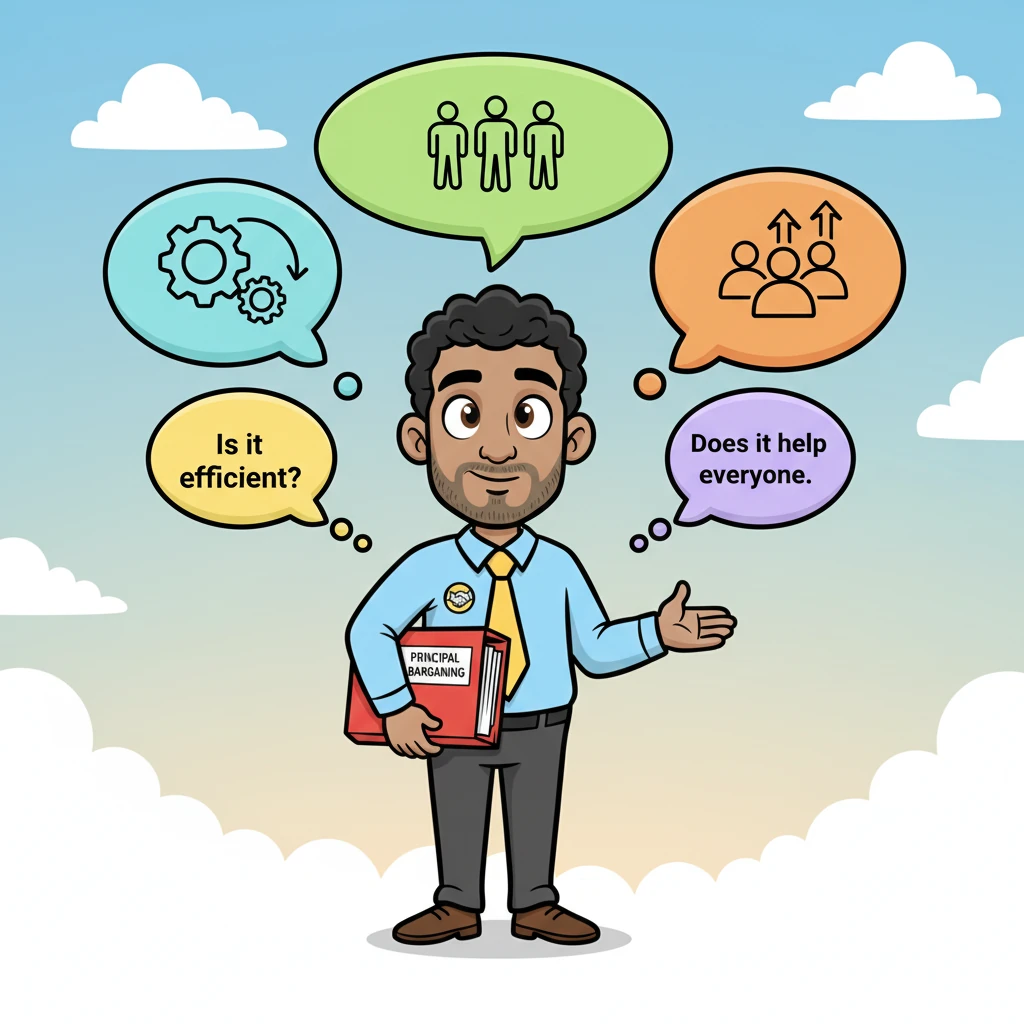 Next, Leo helped them think about what was fair and practical. They looked at their ideas through a 'fairness filter,' considering what would work best for the whole team and the project. "Is it efficient?" "Does it help everyone?" they pondered, using colorful thought bubbles to guide them.