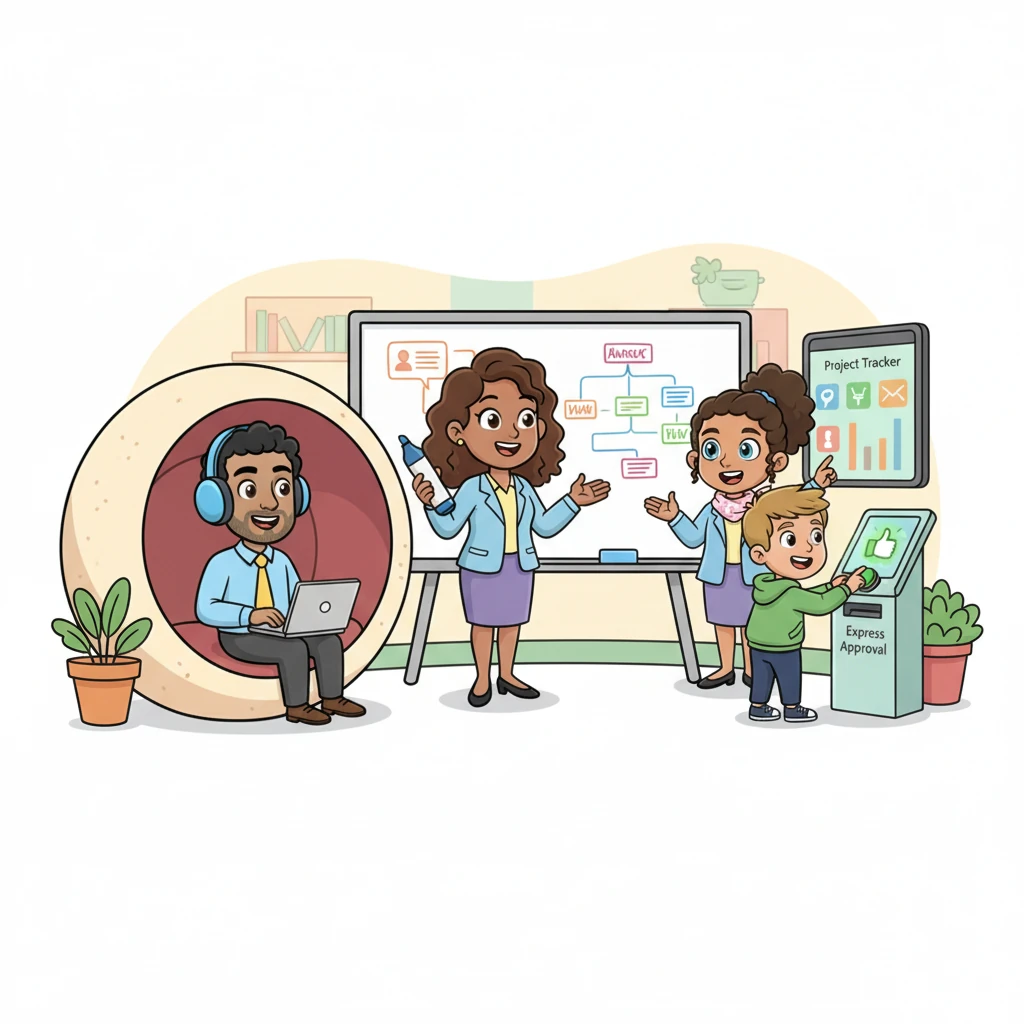 They started combining the best parts of their ideas. Keith got a cozy 'Quiet Focus Nook' with noise-canceling headphones. Haley designed a 'Collaboration Station' with a giant whiteboard. Madison helped create a clear 'Project Tracker' everyone could update, and Jayden got a special 'Express Approval' system for urgent tasks.