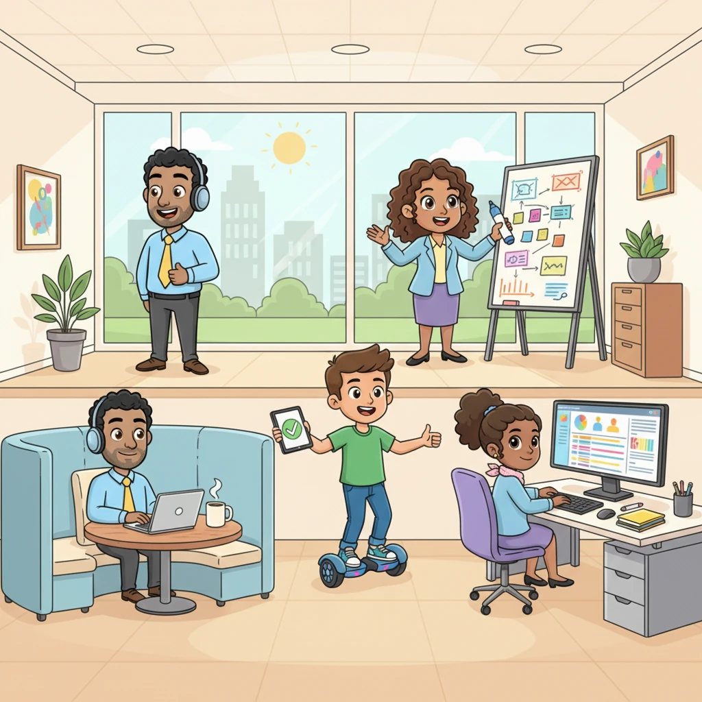True to their word, the office transformed! Keith worked peacefully in his nook, Haley animatedly brainstormed at her station, Madison efficiently updated the tracker, and Jayden zippily got his approvals. They were all working together, but in ways that suited each of them perfectly.