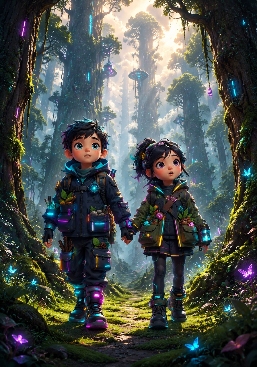 Leo and Mia stood at the edge of the Whispering Woods, where the trees grew so tall they seemed to touch the clouds. Hand in hand, they stepped onto a soft mossy path that promised a world of hidden wonders.