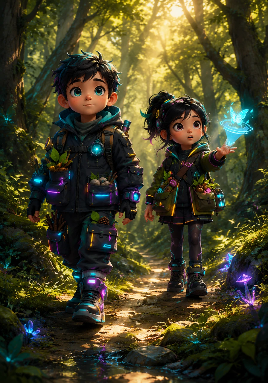 Sunlight danced through the thick canopy, casting golden patterns on the forest floor like spilled ink on a page. The air smelled of damp earth and sweet pine, welcoming the young explorers deeper into the green heart of the woods.