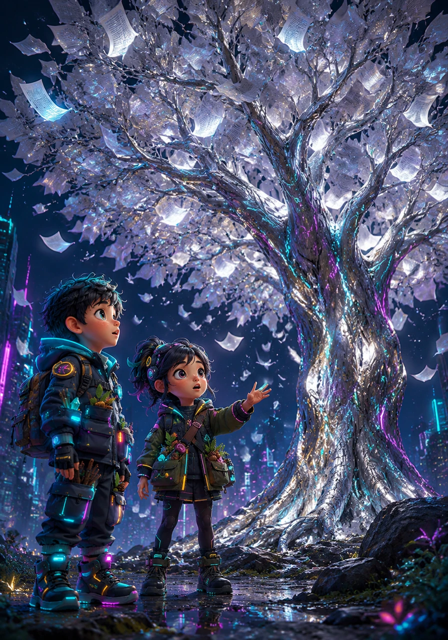 To their amazement, they discovered a peculiar tree with silver bark and leaves that fluttered like the pages of an ancient book. As the wind blew, the leaves rustled with the sound of a thousand whispered stories waiting to be heard.