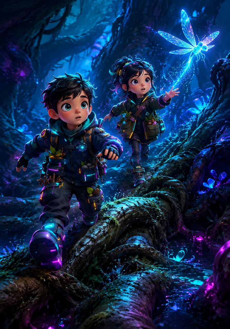 A bright blue dragonfly zipped past them, its wings shimmering with a magical glow that lit up the shadows. Leo and Mia followed the tiny guide, hopping over gnarled roots that looked like the sleeping limbs of giants.