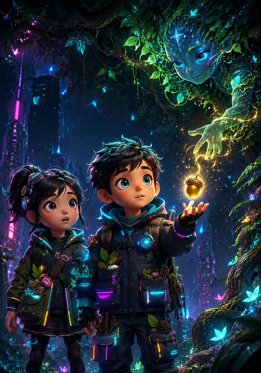 High above, a gentle creature made of vines and starlight peeked through the branches to watch the children. It dropped a single golden acorn into Leo’s hand, a gift from the spirit of the woods to its newest friends.