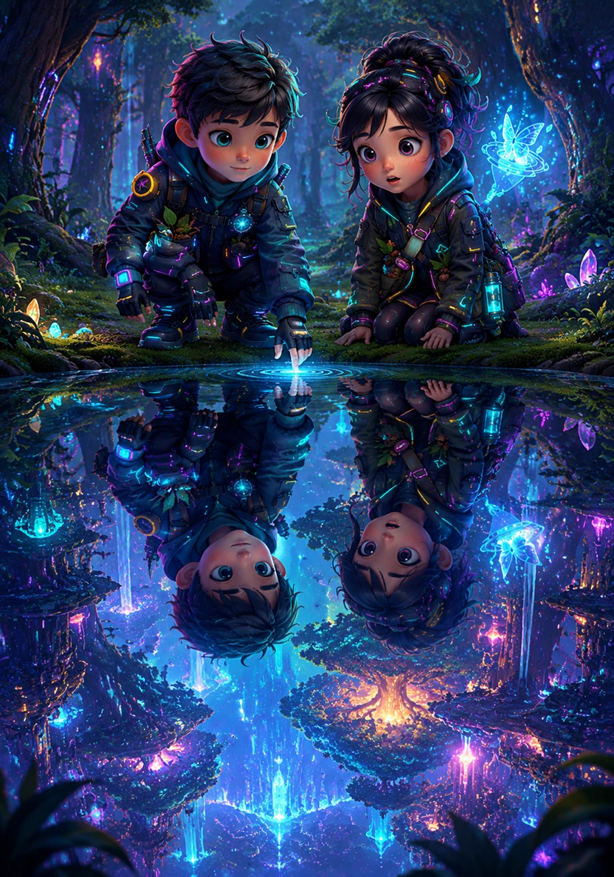 They rested by a crystal-clear pond that acted as a mirror for the entire universe. As they looked at their reflections, they realized that they were now part of the forest's grand, never-ending story.