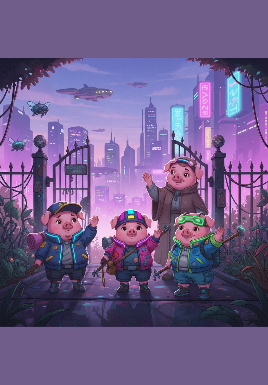 Three little pigs named Percy, Pip, and Peter wave goodbye to their mother at the garden gate. They carry small bundles on sticks and wear colorful caps, ready to find their own place in the wide, green world.