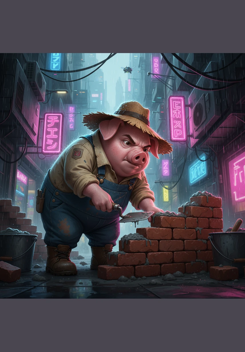 Peter, the eldest and most patient pig, chooses heavy red bricks and a bucket of grey mortar for his home. While his brothers play in the distance, he carefully levels each row of bricks, building a solid and strong house with a chimney.