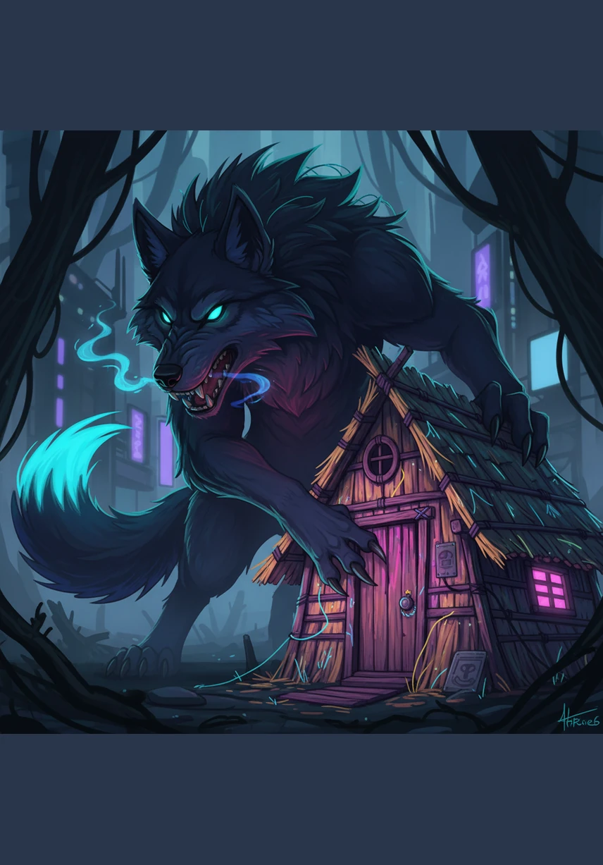A large, shadowy wolf with glowing eyes and a bushy tail emerges from the woods and approaches the straw house. He knocks on the flimsy door with a sharp claw, his stomach growling as he demands to be let inside.